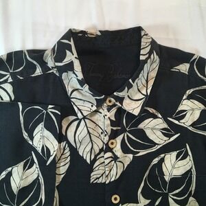 Tommy Bahama‎ Navy Beige Silk Shirt Tropical Leaf Print Button Up Shirt Size L